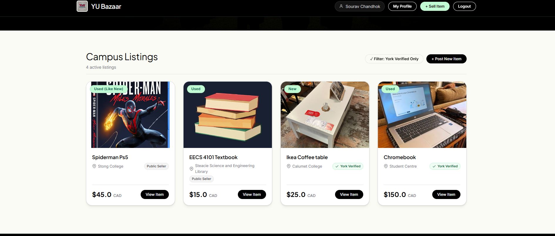 YU Bazaar application screenshot